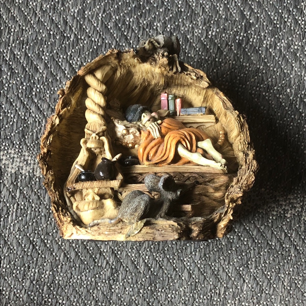 Piggy bank with sleeping figure and rats, hand painted looks like wood